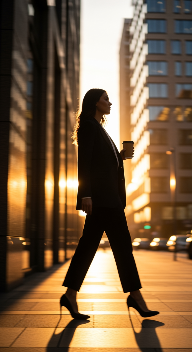 Elegant Woman Walking in Formal Attire at Sunset